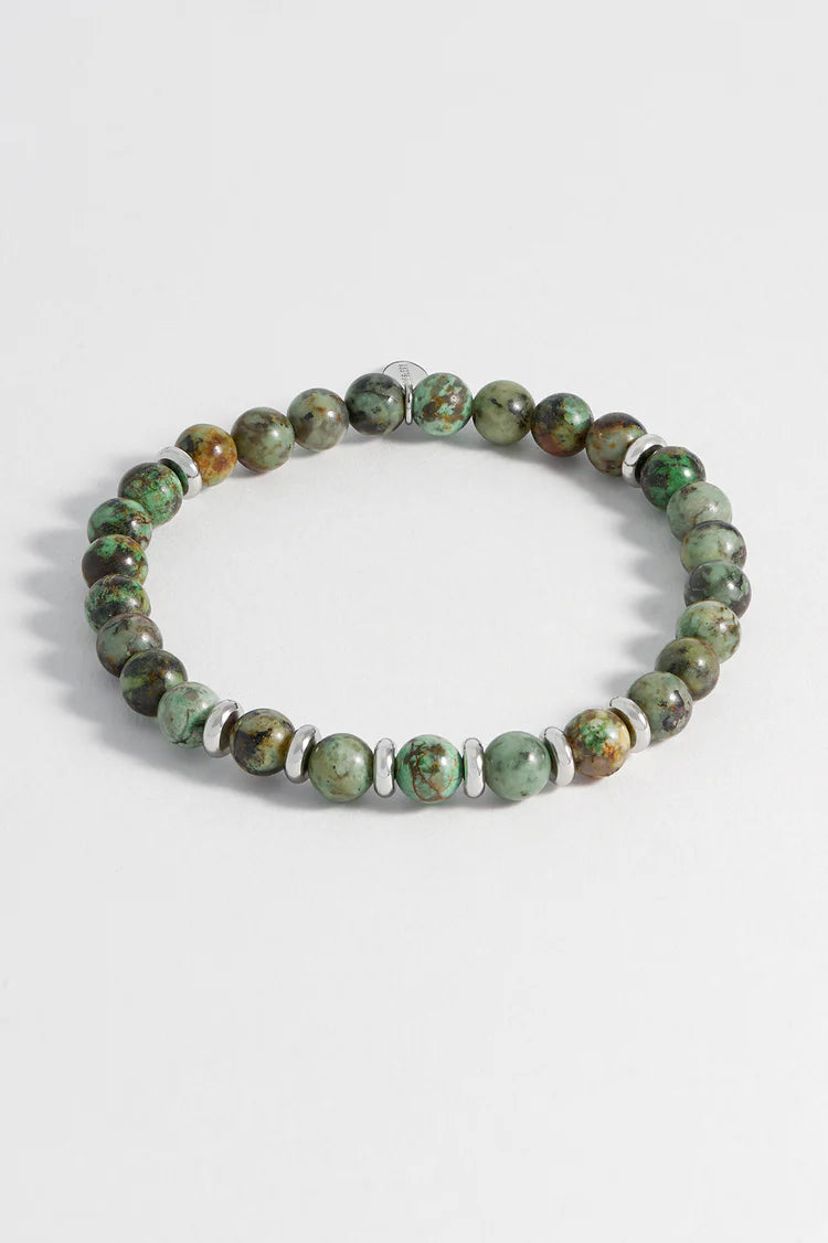 Men's Gemstone Beaded Bracelet Stainless Steel, Green Moss Agate *Waterproof*