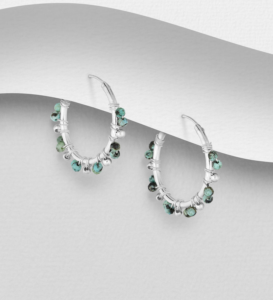 Sterling Silver Hoop Earrings with African Turquoise