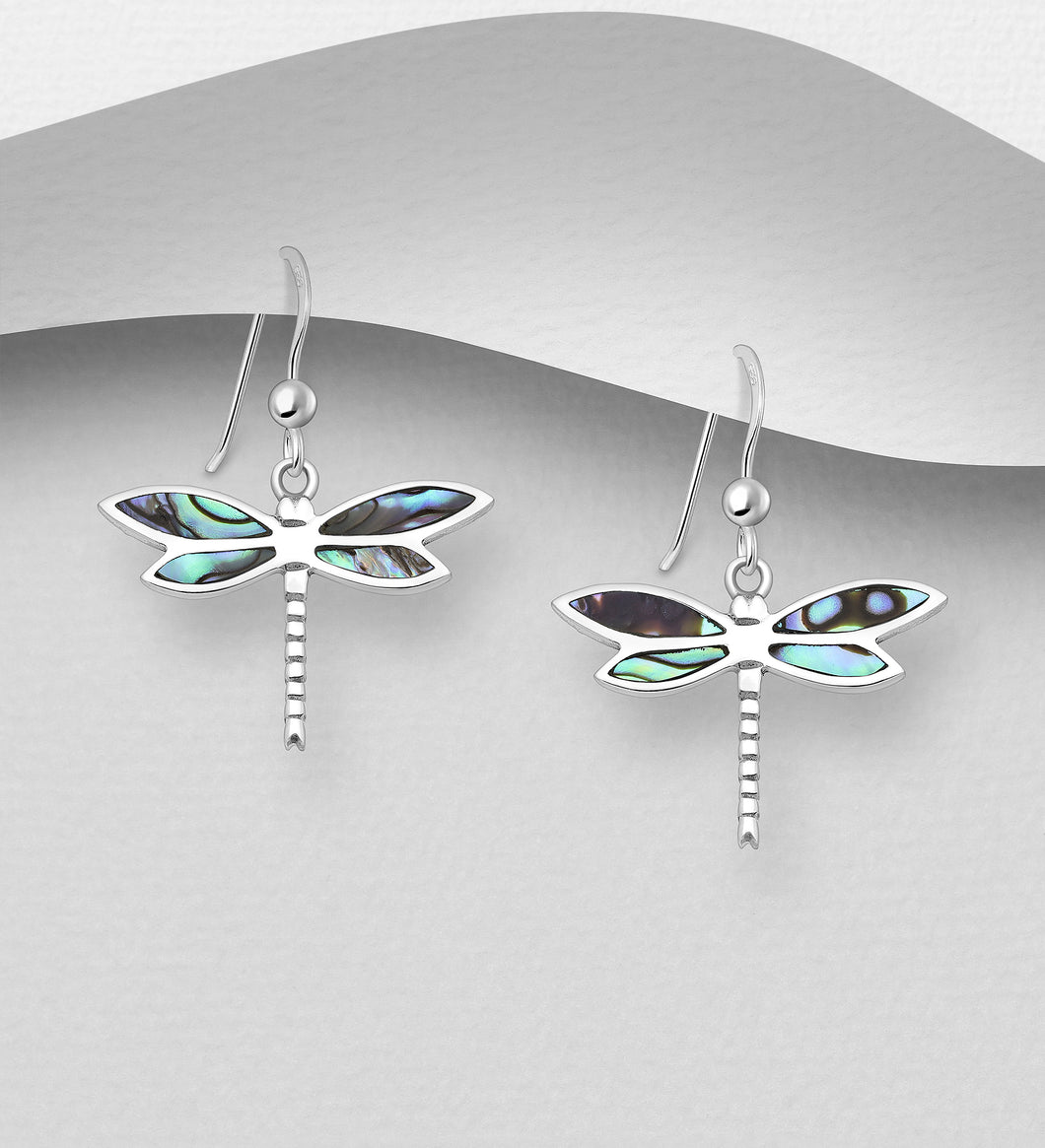 Sterling Silver Abalone Dragonfly Drop Earrings