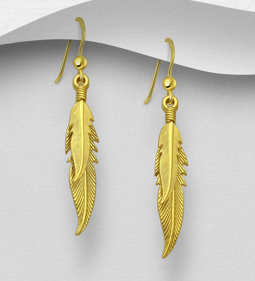 Sterling Silver with 18K Gold Plate Double Feather Drop Earrings