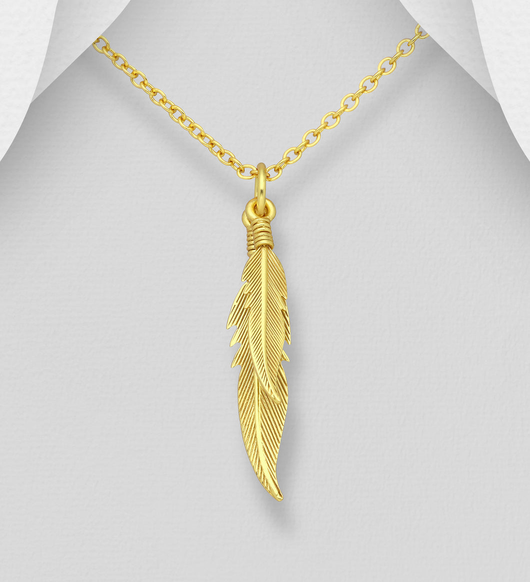 Sterling Silver with 18K Gold Plate Double Feather Drop Pendant