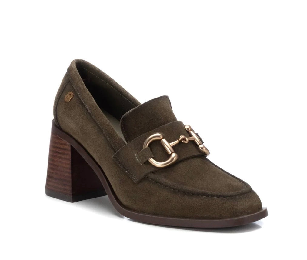 Carmela Suede Khaki Heeled Loafer