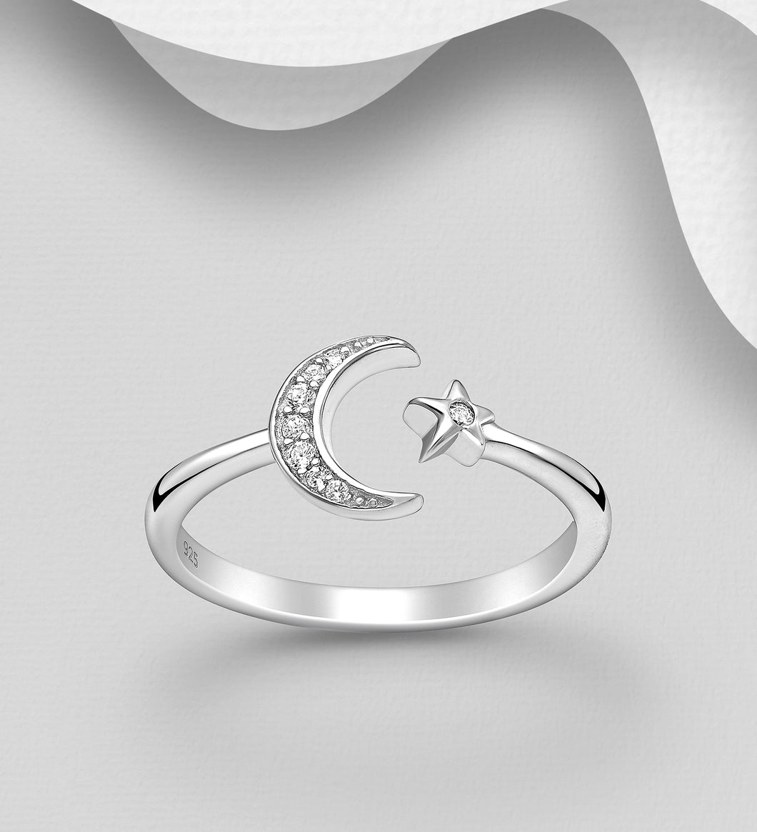 Sterling Silver Moon and Star adjustable Ring, Decorated with CZ Simulated Diamonds