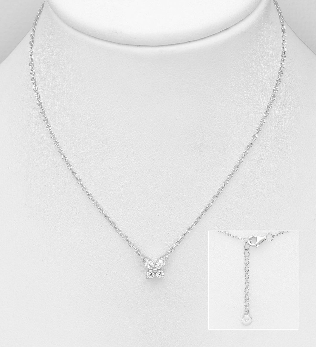 Sterling Silver Butterfly Necklace, Decorated with CZ Simulated Diamonds
