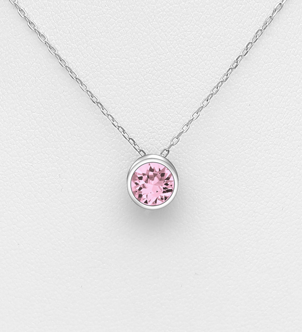 Sterling Silver Pink Solitaire Necklace Decorated with Fine Austrian Crystal