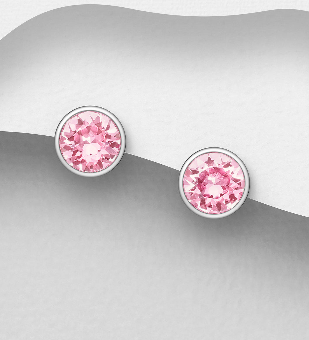 Sterling Silver Pink Solitaire Push-Back Earrings Decorated with Fine Austrian Crystals