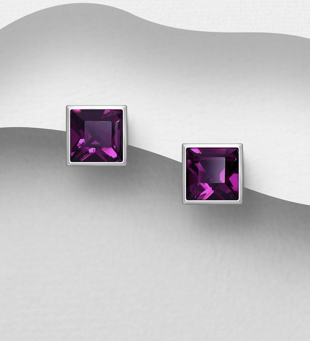 Sterling Silver Amethyst Square Push-Back Earrings Decorated with Fine Austrian Crystal