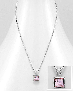 Sterling Silver Pink Square Necklace Decorated with Fine Austrian Crystal