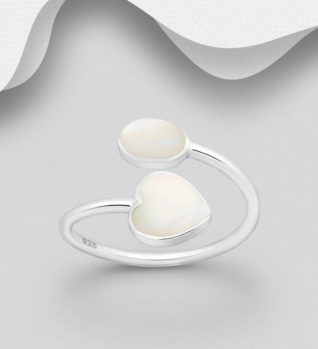 Sterling Silver Adjustable Heart Ring, Decorated with Mother of Pearl Shell