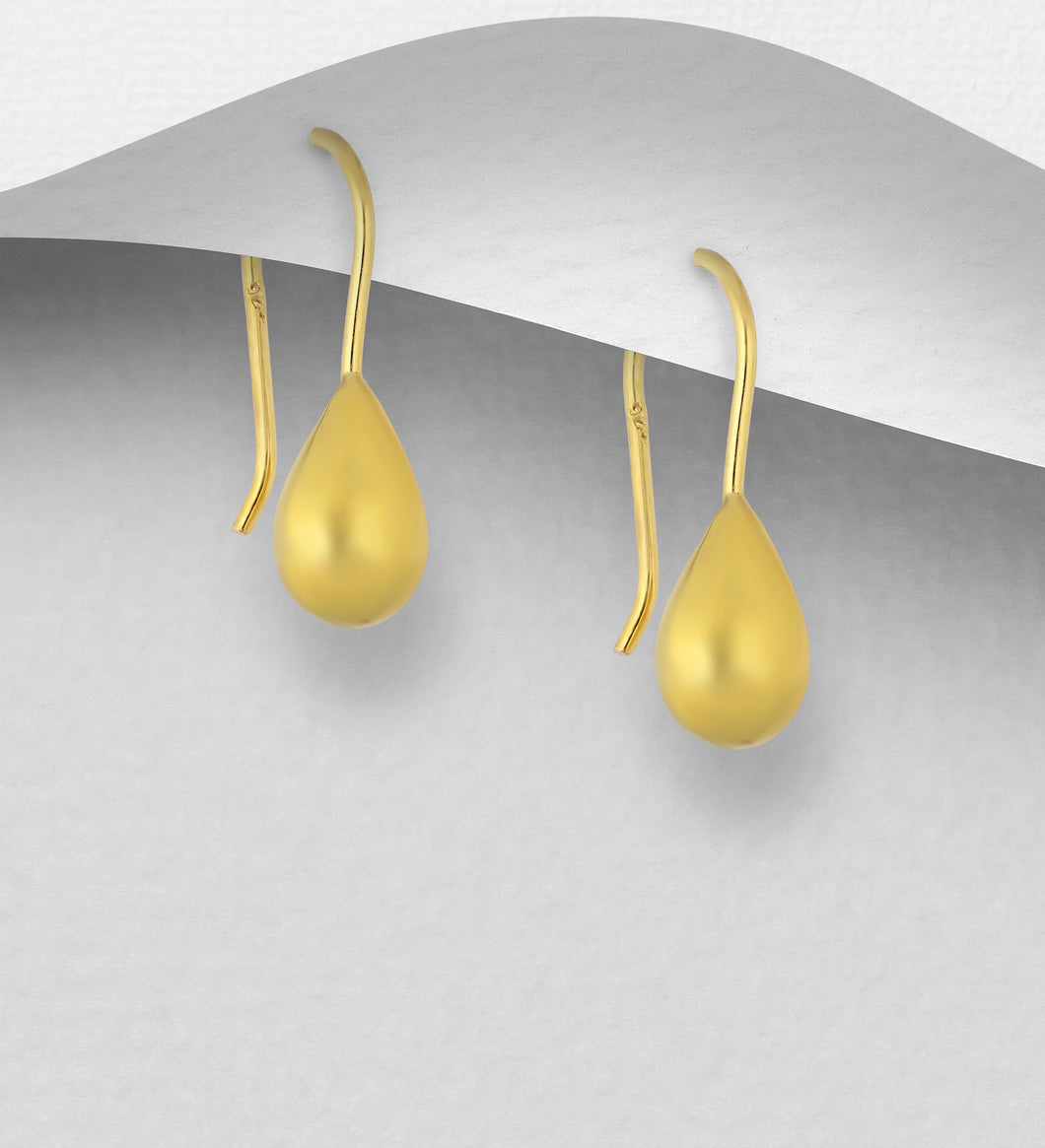 Sterling Silver Droplet Hook Earrings, Plated with 1 Micron 18K Yellow Gold