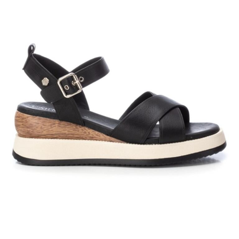 Carmela Black Leather Low Wedge Sandals