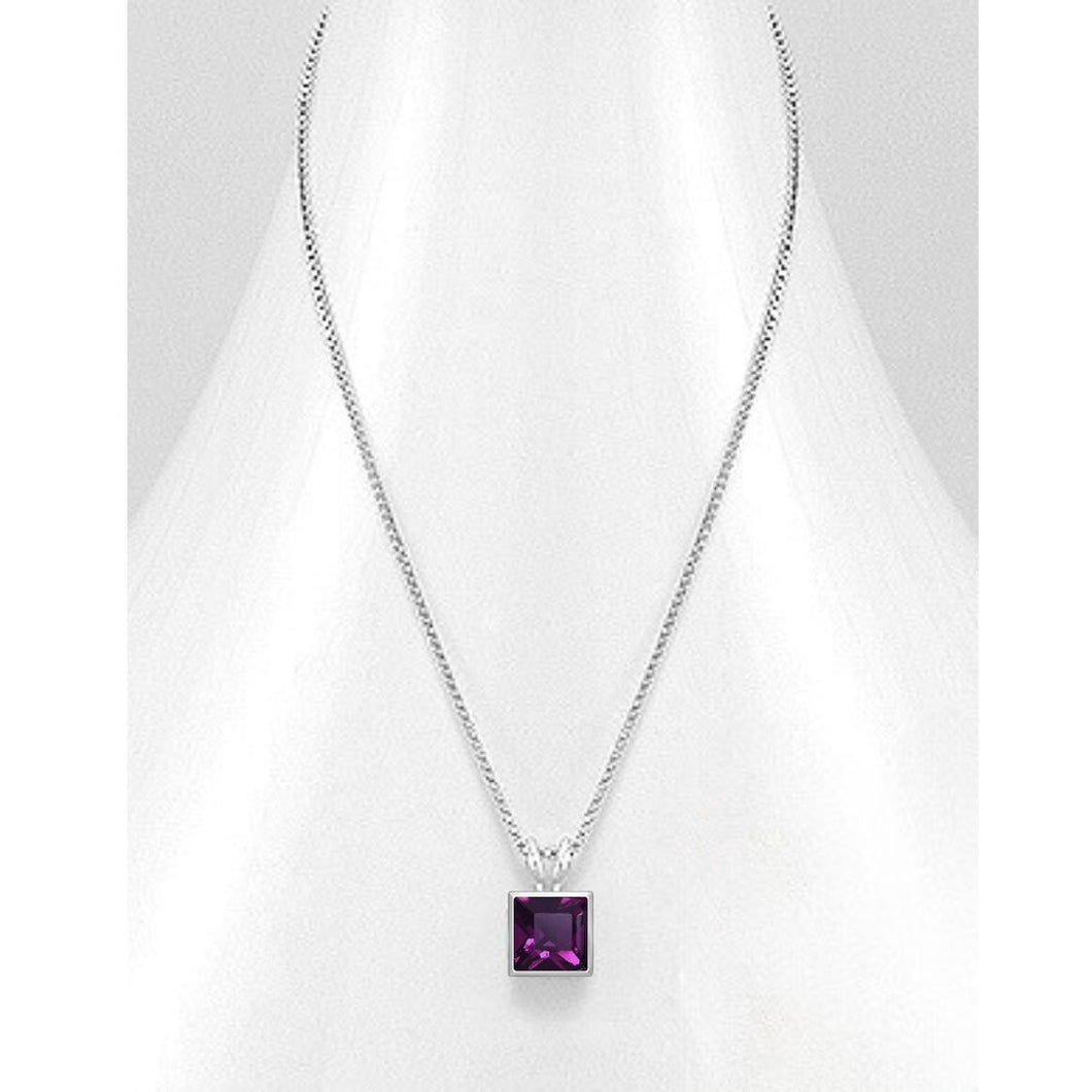 Sterling Silver Amethyst Square Necklace Decorated with Fine Austrian Crystal