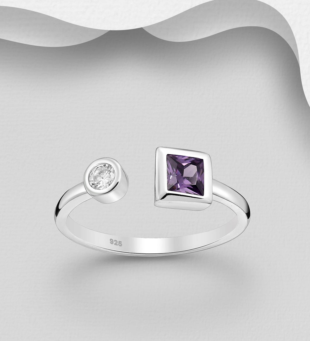 Sterling Silver Adjustable Amethyst Square Stone Ring