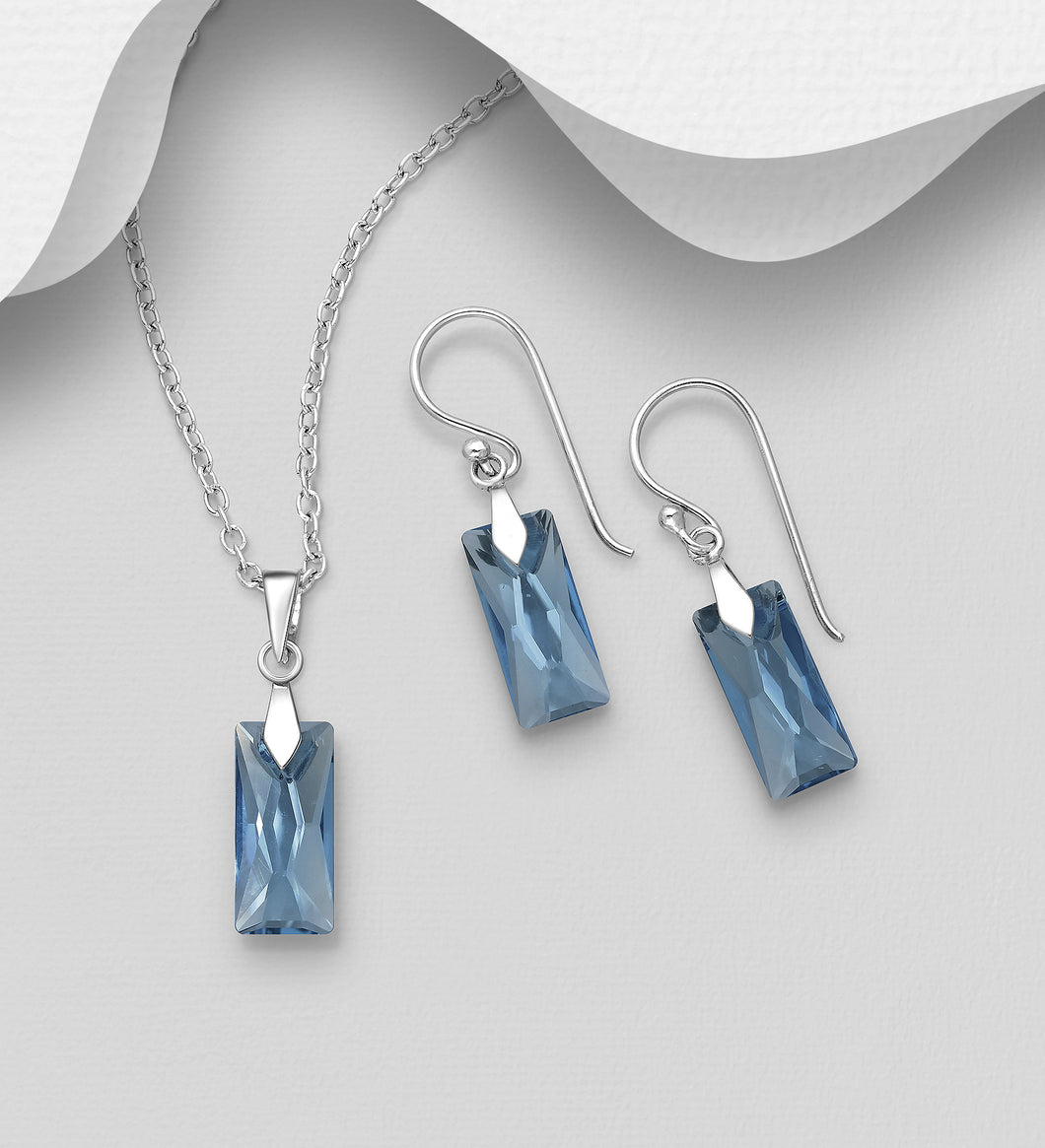 Sterling Silver Pendant and Earring Set in Montana Blue Austrian Crystal