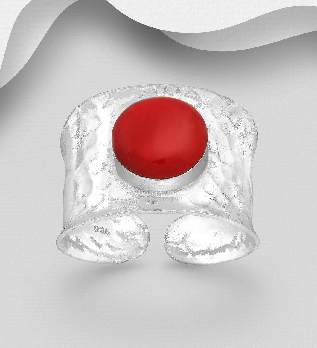 Sterling Silver Hammered Ring with  Red Stone