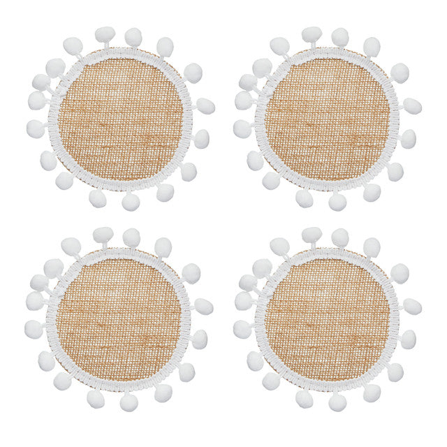 Set of 4 Hessian Coasters Pompom Edge