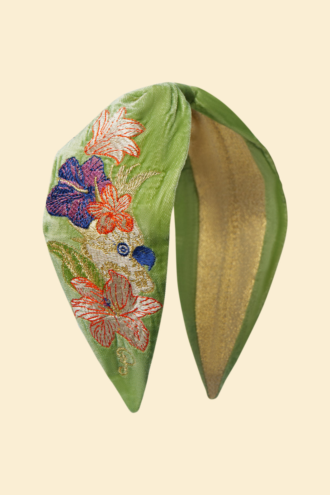 Cockatoo Velvet Embroidered Headband in Soft Sage