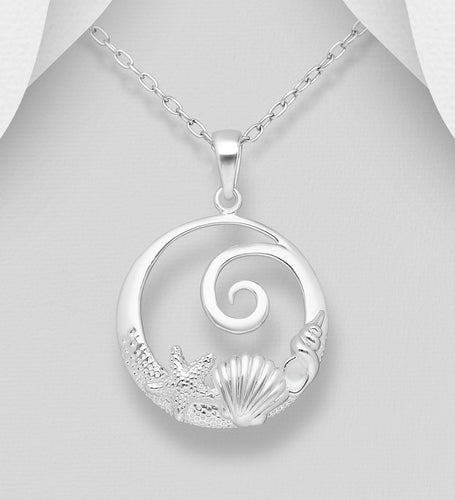 silver wave pendant for ladies, ocean style silver pendant, shell silver necklace, starfish silver necklace, spiral silver necklace, silver womens necklace